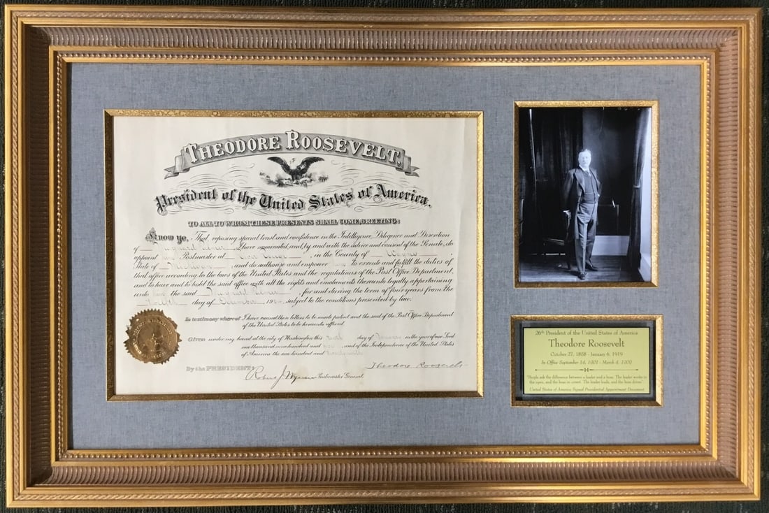 Theodore Roosevelt Signed Appointment Document Custom Framed JSA Authenticated (1 of 8)