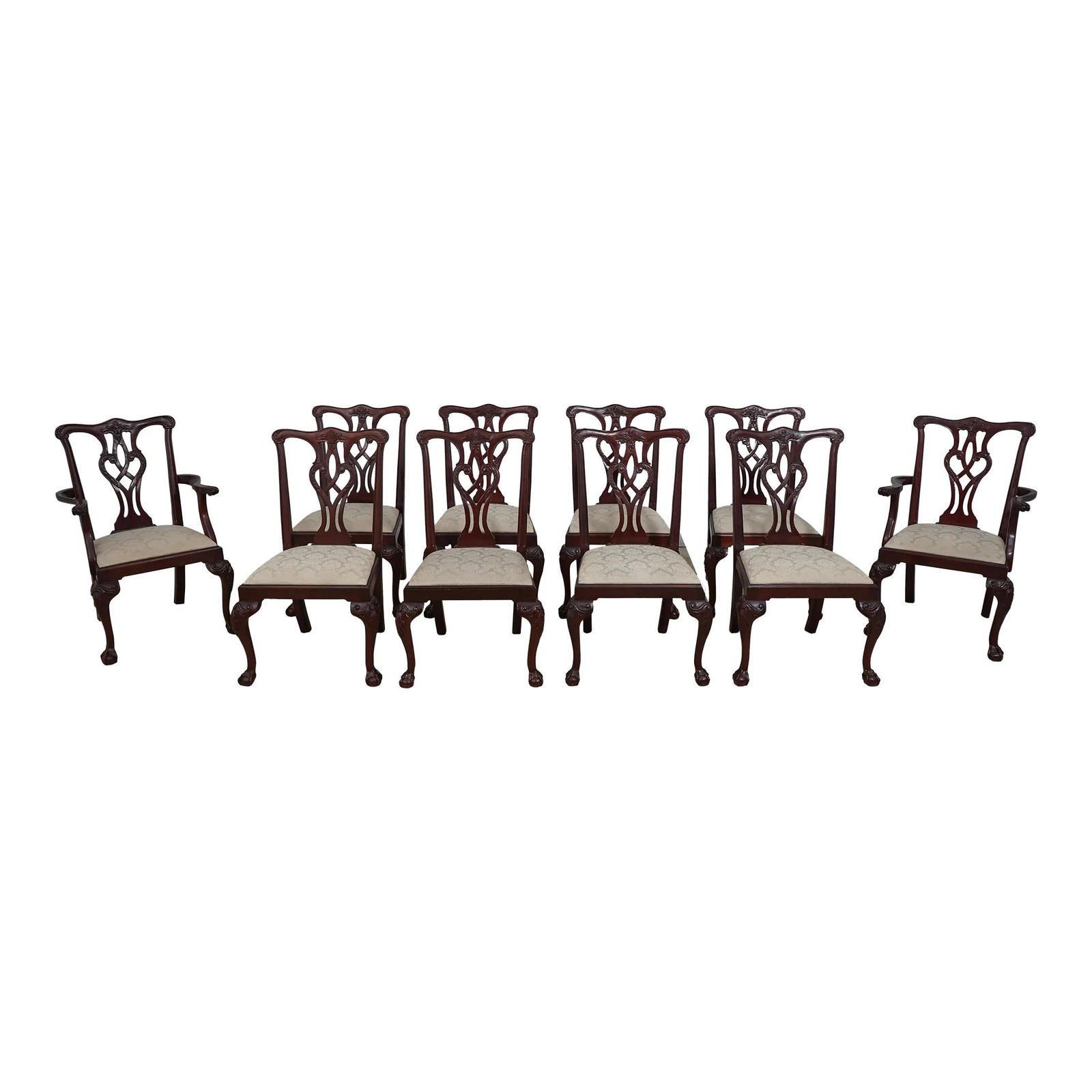 10 Craftique Chippendale Mahogany Dining Chairs with Ball & Claw Feet Set of 10: 10 Craftique Chippendale Mahogany Dining Chairs with Ball & Claw Feet Set of 10 This exquisite set of 10 dining room chairs showcases a classic Chippendale style, featuring solid mahogany construction