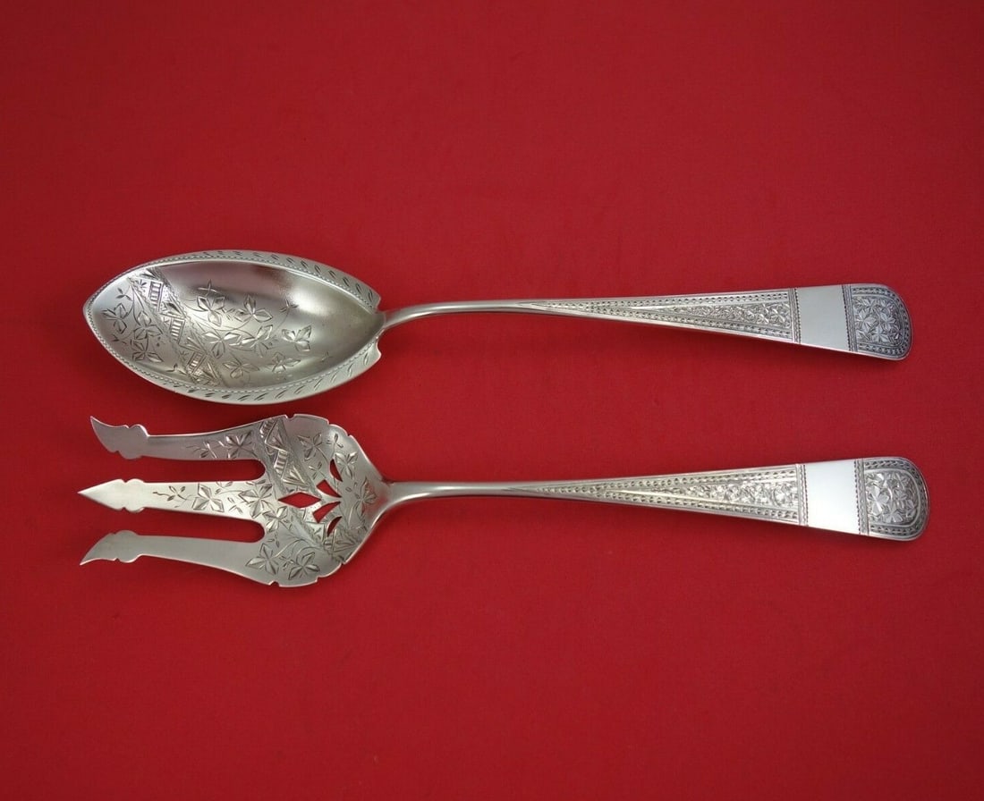 William Wilson & Son Sterling Silver 2pc Salad Serving Set with Bright-Cut Design: William Wilson & Son Sterling Silver 2pc Salad Serving Set with Bright-Cut Design Presenting a stunning 2-piece salad serving set crafted by William Wilson & Son, made from high-quality sterling silve