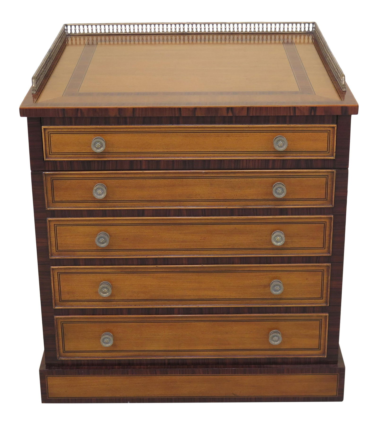 Maitland Smith Satinwood Inlaid Occasional Cabinet with Brass Hardware: Maitland Smith Satinwood Inlaid Occasional Cabinet with Brass Hardware This Traditional Maitland Smith Satinwood Inlaid Occasional Cabinet showcases exquisite craftsmanship with intricate inlay work t