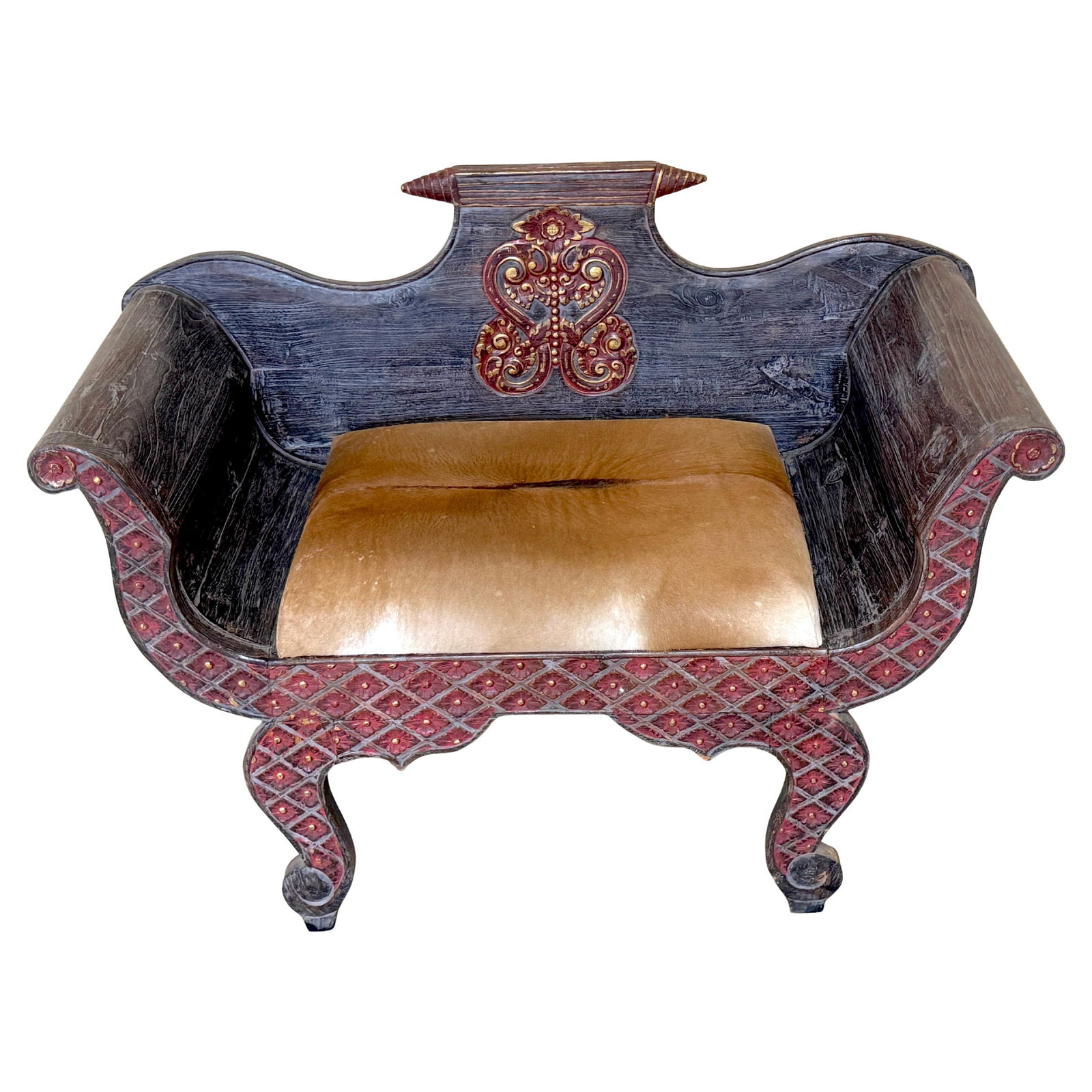 19th Century Anglo-Indian Hand-Carved Polychromed Gondola Settee (1 of 11)