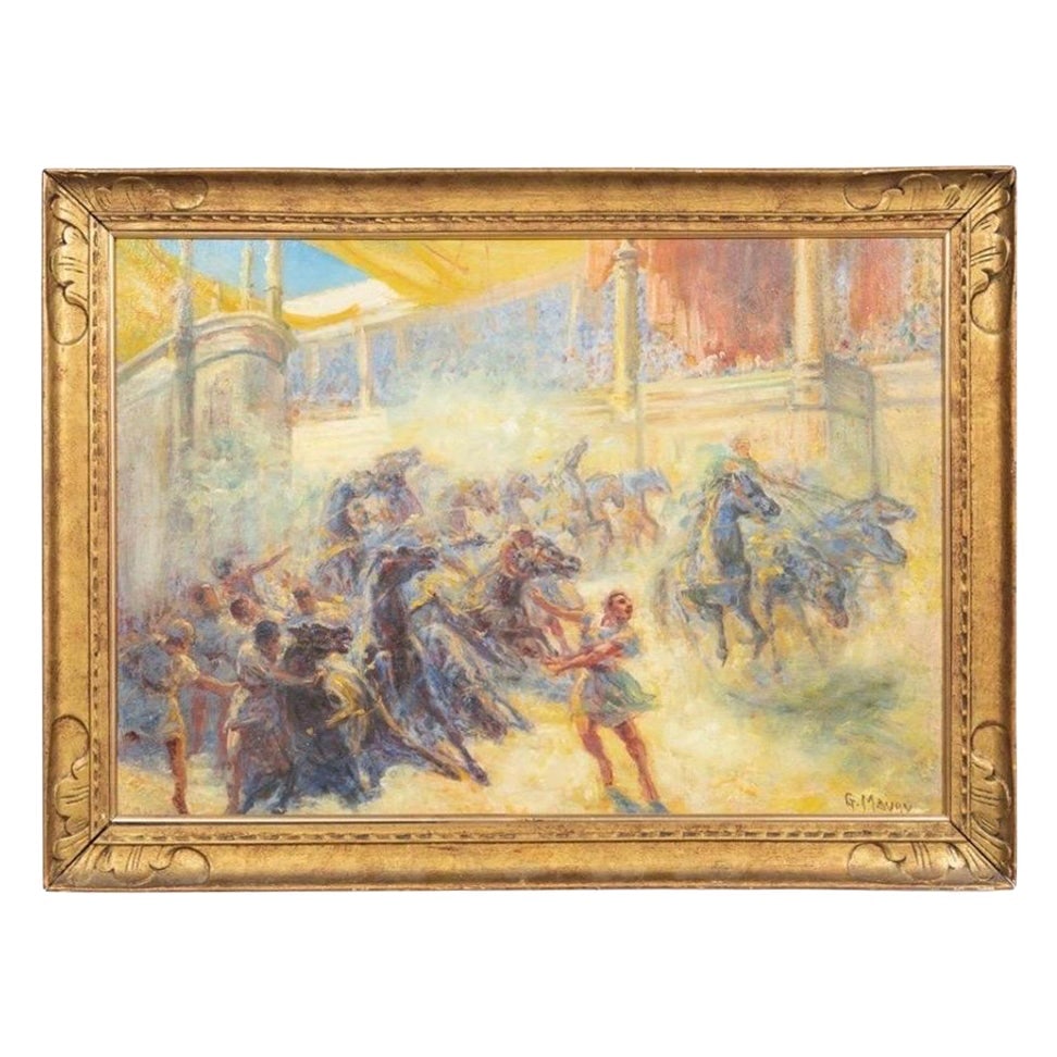 Georges Maury Chariot Race Impressionist Oil on Canvas Early 20th Century: Georges Maury Chariot Race Impressionist Oil on Canvas Early 20th Century This stunning oil on canvas painting titled "Chariot Race" by Georges Sauveur Maury captures the exhilarating scene of chariot