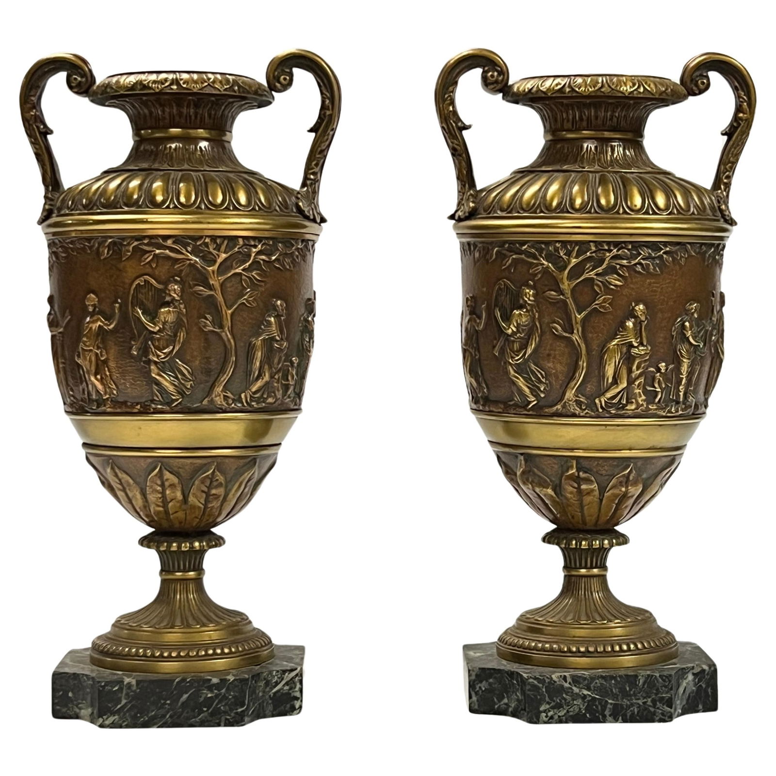 Set of Two Patinated Bronze Neoclassical Revival Vases with Marble Bases (1 of 18)