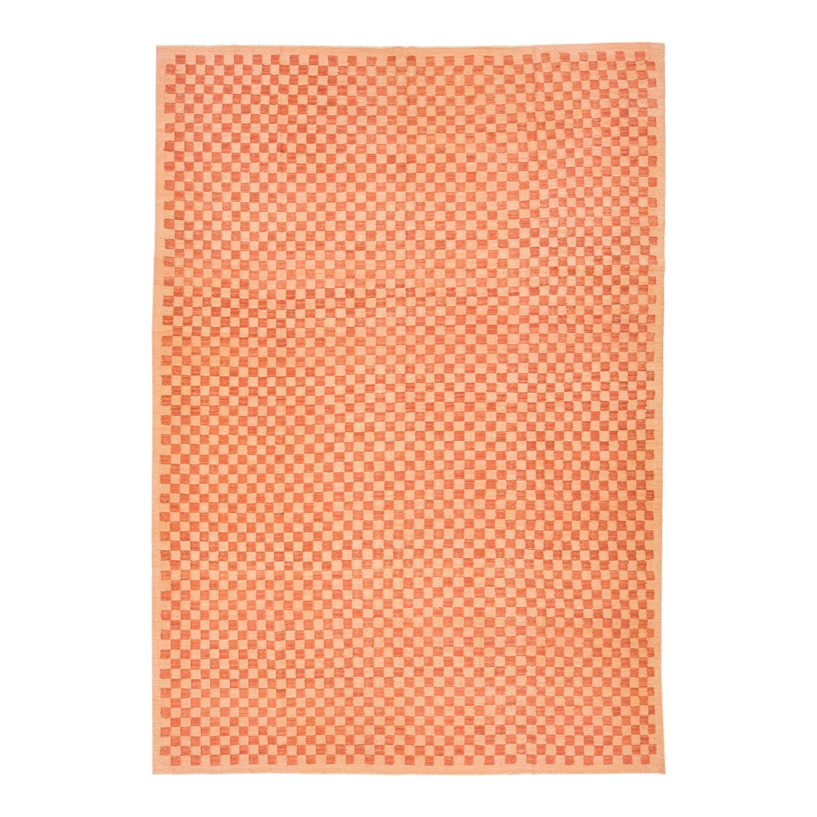 Orange Handmade Wool Kilim Rug 10' x 14'3' Mid-Century Checker Design: Orange Handmade Wool Kilim Rug 10' x 14'3' Mid-Century Checker Design Transform your space with this stunning modern Kilim flatweave wool rug, showcasing a vibrant peach and orange color palette. The