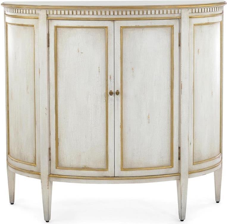 John-Richard Volnay French Demilune Cabinet with Blue Brass Knob Handles: John-Richard Volnay French Demilune Cabinet with Blue Brass Knob Handles This elegant Distressed Cream French Demilune Cabinet is designed in a charming antique or vintage style, perfect for adding a