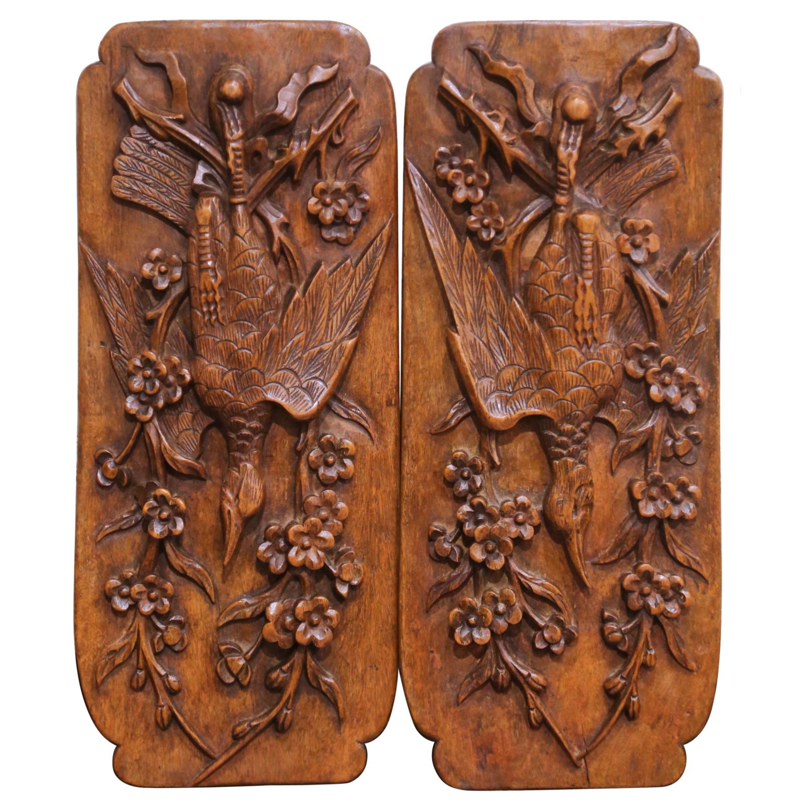 Set of 2 French Art Deco Carved Walnut Pheasant Wall Plaques circa 1920 (1 of 7)