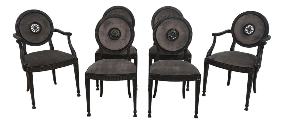 Vintage Set of 6 Louis XVI Medallion Back Dining Chairs: Vintage Set of 6 Louis XVI Medallion Back Dining Chairs Enhance your dining experience with this stunning vintage set of 6 Louis XVI style medallion back dining chairs. Each chair features exquisite