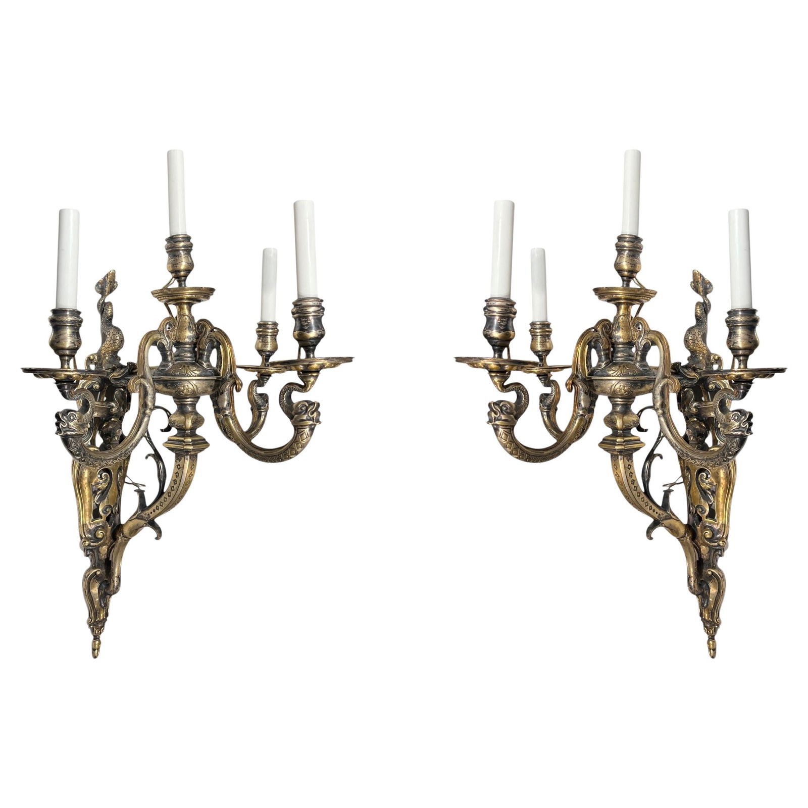 Set of 2 Silvered Bronze Renaissance Revival Four-Arm Wall Sconces 19th Century (1 of 11)