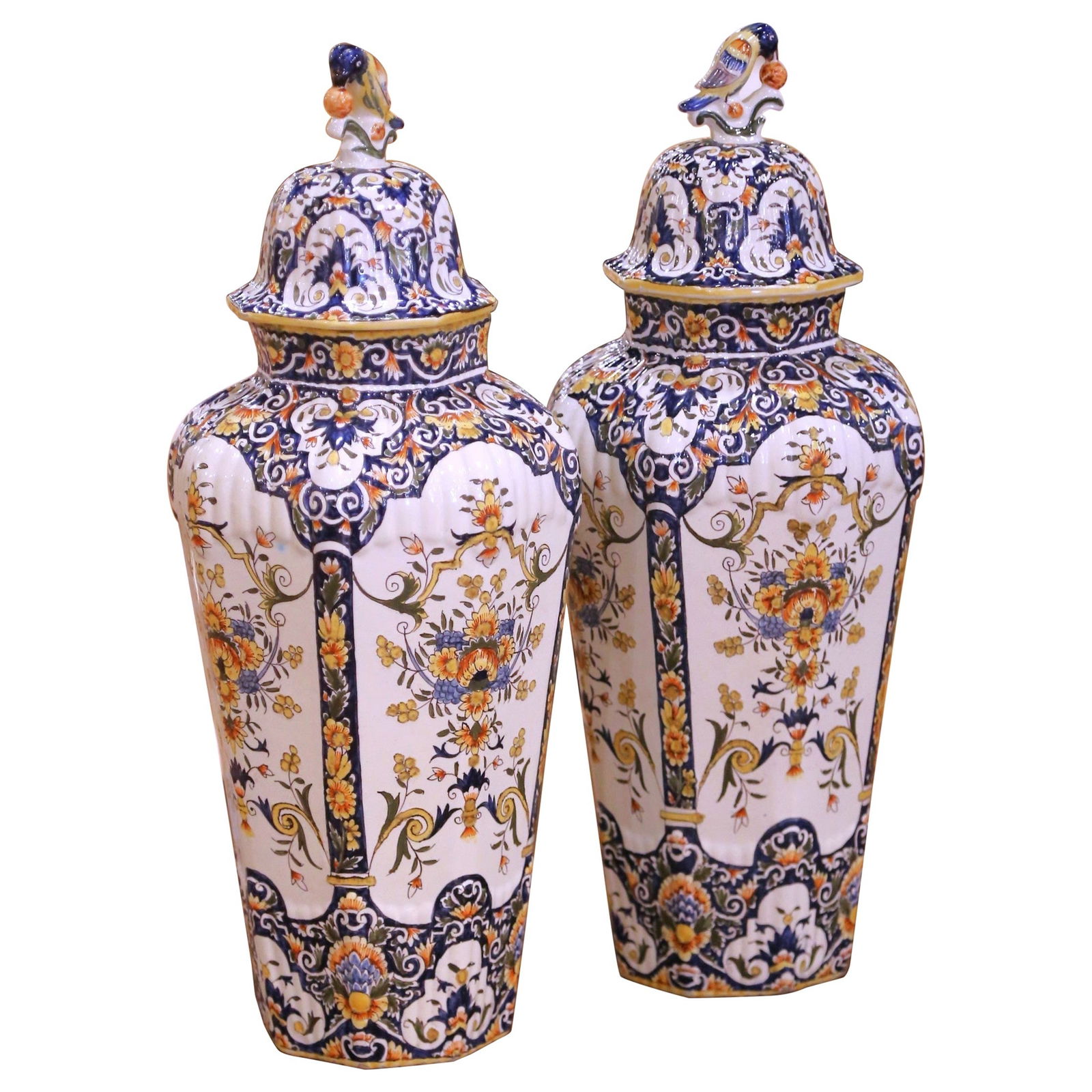Set of 2 French Desvres Faience Lidded Vases Hand Painted 19th Century (1 of 10)