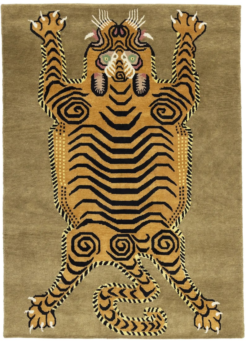 Hand-Knotted Wool Tiger Pictorial Rug 5'2" x 6'11" Kids Room Decor: Hand-Knotted Wool Tiger Pictorial Rug 5'2" x 6'11" Kids Room Decor Enhance your child's space with this stunning Plush Wool Nepali Oriental Rug featuring a charming tiger pictorial design. This hand-k