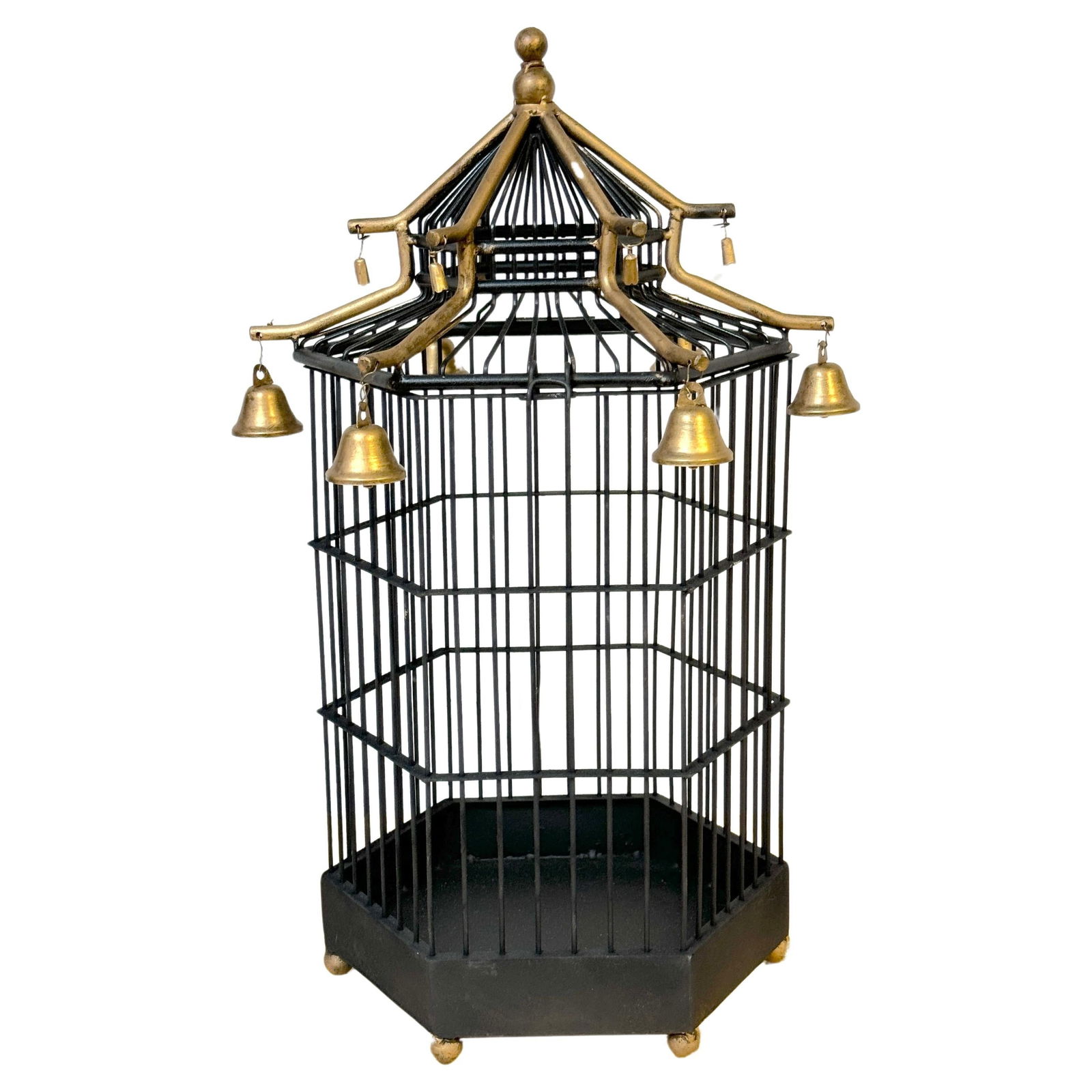 French Gilt Tole Hexagonal Pagoda Birdcage with Bells 20in (1 of 18)