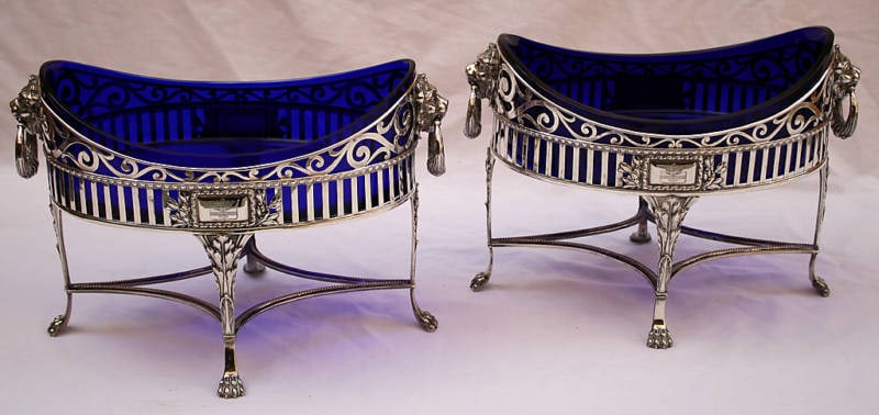 19th Century French Sterling Silver Center Pieces with Cobalt Blue Liners: 19th Century French Sterling Silver Center Pieces with Cobalt Blue Liners This exquisite pair of 19th century French center pieces showcases the elegance of Old French design. Crafted from sterling si