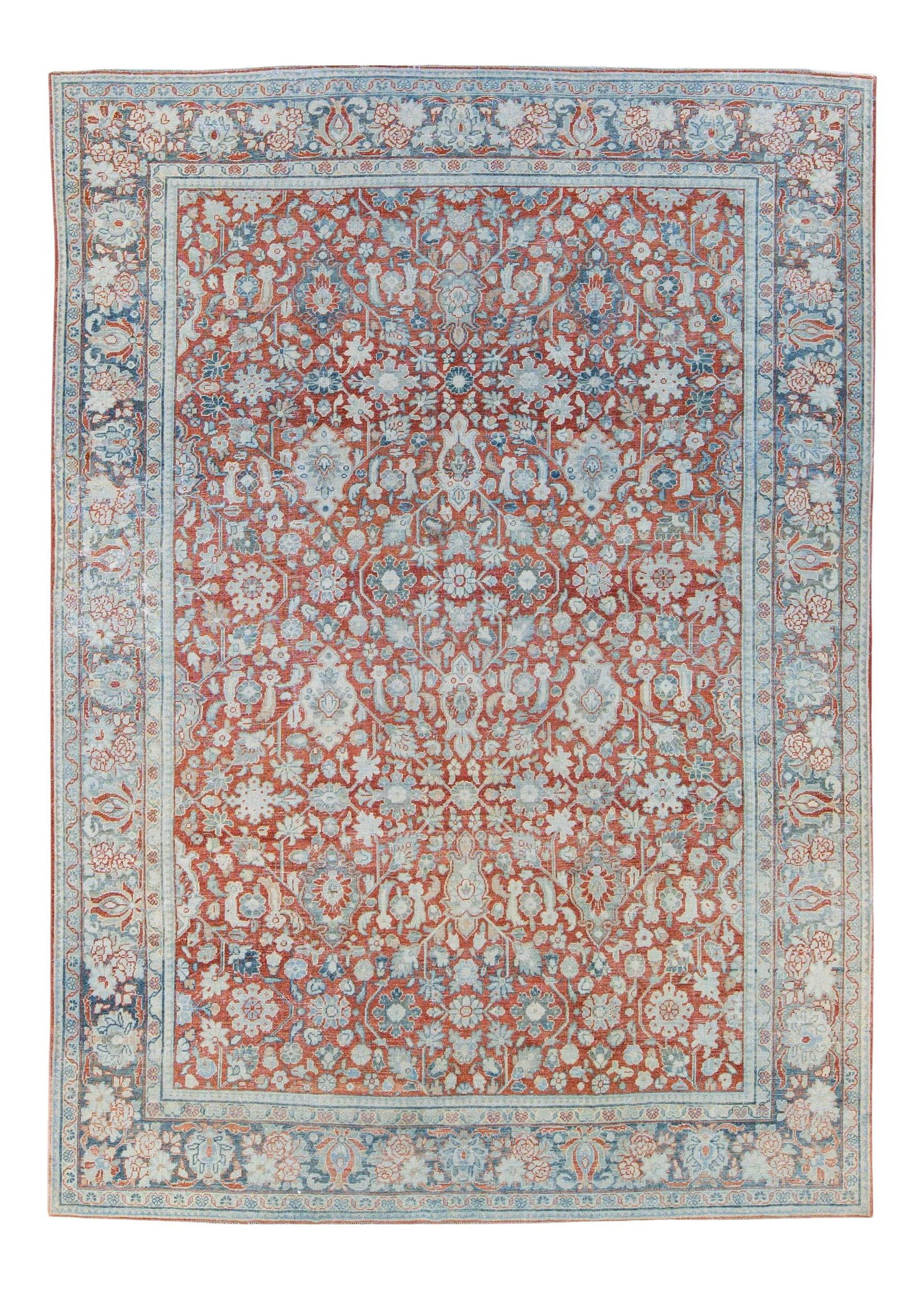 Antique Mahal Hand-Knotted Floral Red Wool Rug 8'6 x 12'2: Antique Mahal Hand-Knotted Floral Red Wool Rug 8'6 x 12'2 Discover the elegance of this antique Mahal rug, meticulously hand-knotted from premium wool. The vibrant red field is beautifully complemente