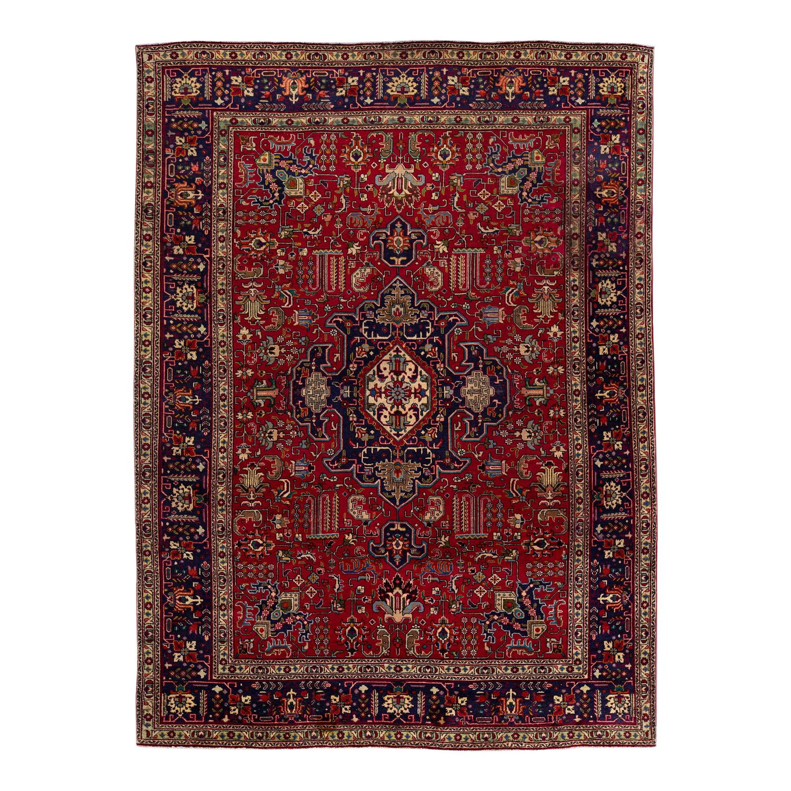 Vintage Persian Tabriz Red Wool Medallion Rug 8'4 x 11'1: Vintage Persian Tabriz Red Wool Medallion Rug 8'4 x 11'1 Discover the elegance of this vintage Persian Tabriz hand-knotted wool rug, showcasing a vibrant red color field. The design features a strikin