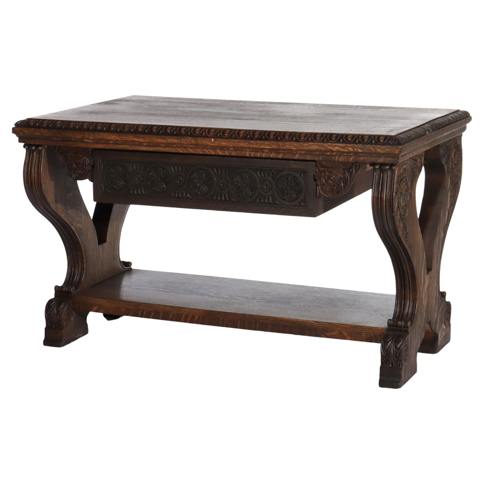 Arts & Crafts C1910 Carved Oak Library Table with Lyre Legs (1 of 18)