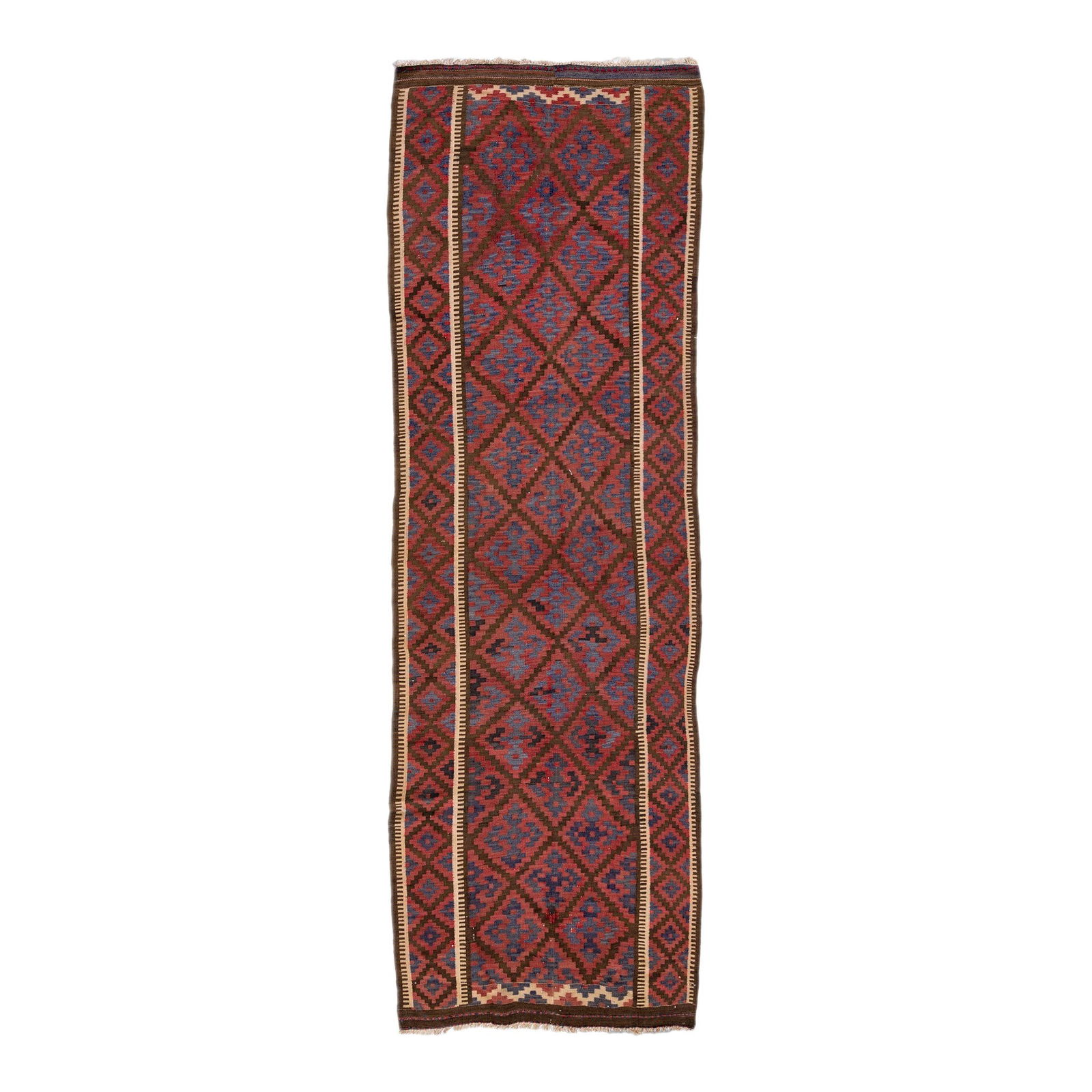 Vintage Turkish Kilim Blue Wool Runner Geometric Design 3'7" x 12'02": Vintage Turkish Kilim Blue Wool Runner Geometric Design 3'7" x 12'02" This stunning vintage Turkish Kilim runner features a vibrant blue field adorned with a striking all-over geometric tribal design.