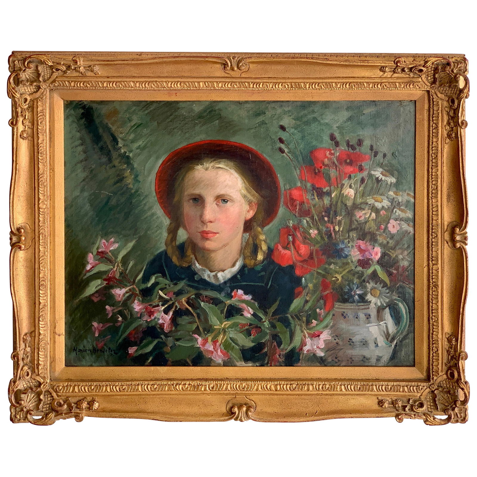 Marion Henseler Portrait Girl Amongst Flowers Giltwood Frame 1950s: Marion Henseler Portrait Girl Amongst Flowers Giltwood Frame 1950s Experience the charm of a vibrant portrait titled 'Portrait Girl Amongst Flowers' by Marion Henseler, a renowned German artist (1894