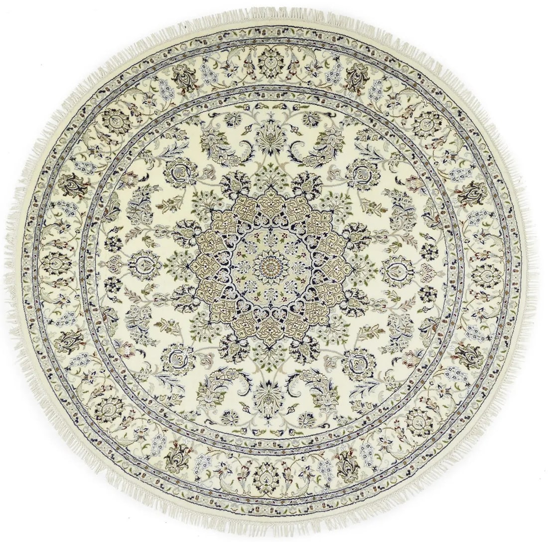 Handmade Floral Cream Indo-Nain Round Oriental Rug Wool Silk 7' Diameter: Handmade Floral Cream Indo-Nain Round Oriental Rug Wool Silk 7' Diameter Enhance your living space with this exquisite handmade cream traditional Indo-Nain round oriental rug, featuring a stunning flo
