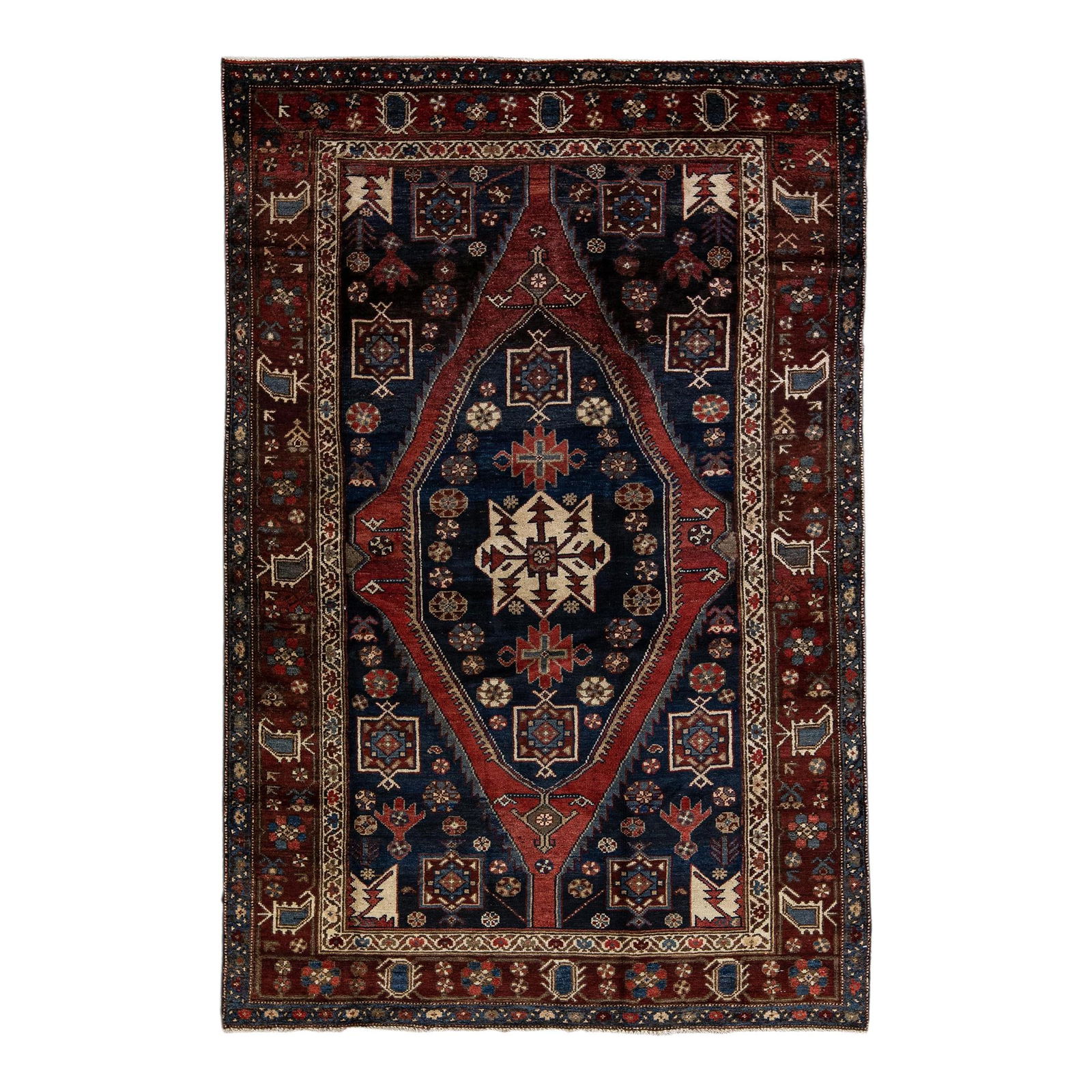 Vintage Persian Wool Rug Navy Blue Geometric Design 4'2" X 6'5": Vintage Persian Wool Rug Navy Blue Geometric Design 4'2" X 6'5" This exquisite vintage Persian rug features a rich navy blue field adorned with multicolored geometric designs, showcasing the artistry