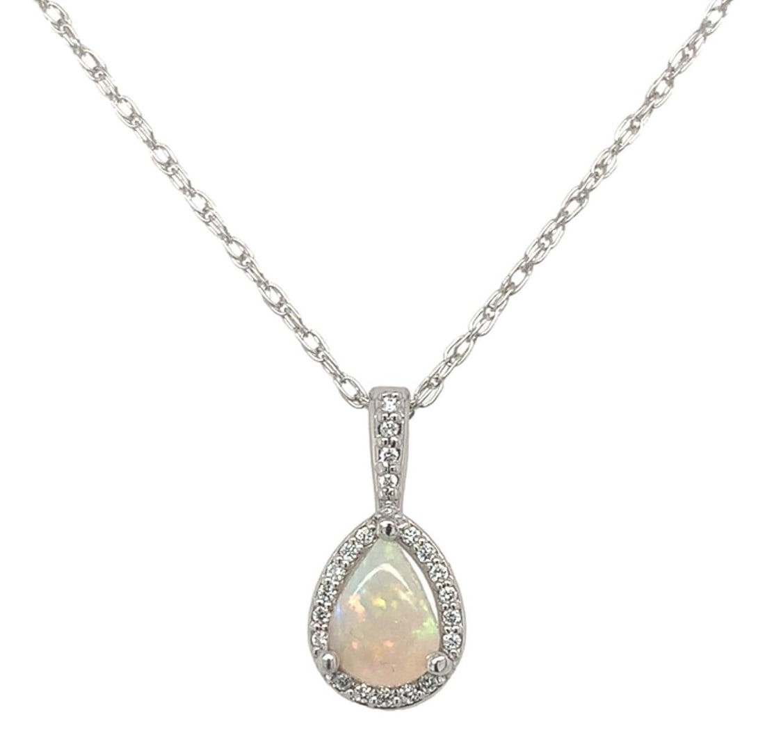 Platinum .43ct Pear Opal Diamond Halo Pendant with Chain: Platinum .43ct Pear Opal Diamond Halo Pendant with Chain This exquisite pendant features a pear-shaped Australian genuine natural opal, measuring approximately 7mm x 5mm, showcasing a vibrant play of