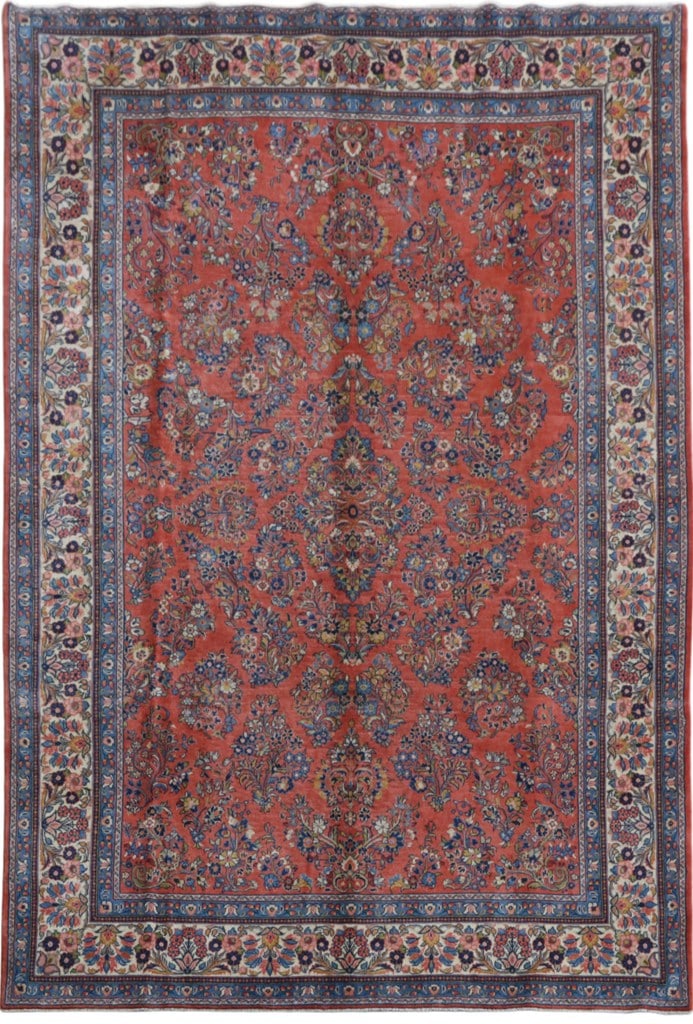 Handcrafted Coral Persian Sarouk Wool Rug 8' x 12': Handcrafted Coral Persian Sarouk Wool Rug 8' x 12' Free continental US Shipping Elevate your space with this exquisite Coral Persian Sarouk Quality Wool Rug, meticulously handcrafted by skilled