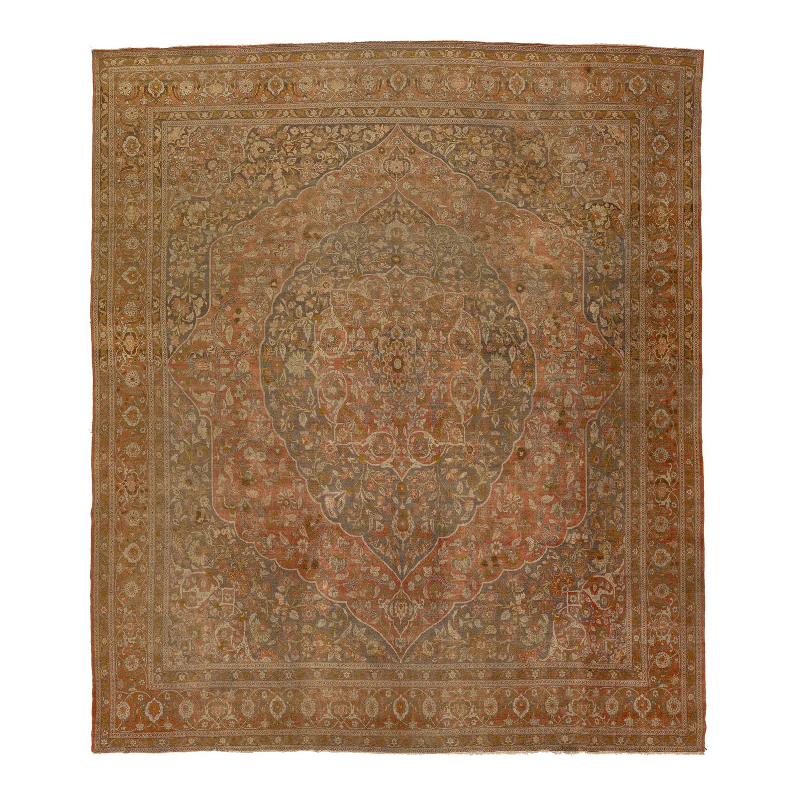 Antique Tabriz Wool Rug 10'7 x 12'8 Rust Floral Design: Antique Tabriz Wool Rug 10'7 x 12'8 Rust Floral Design Experience the elegance of this antique hand-knotted Tabriz wool rug, featuring a stunning rusty field complemented by intricate beige, green,