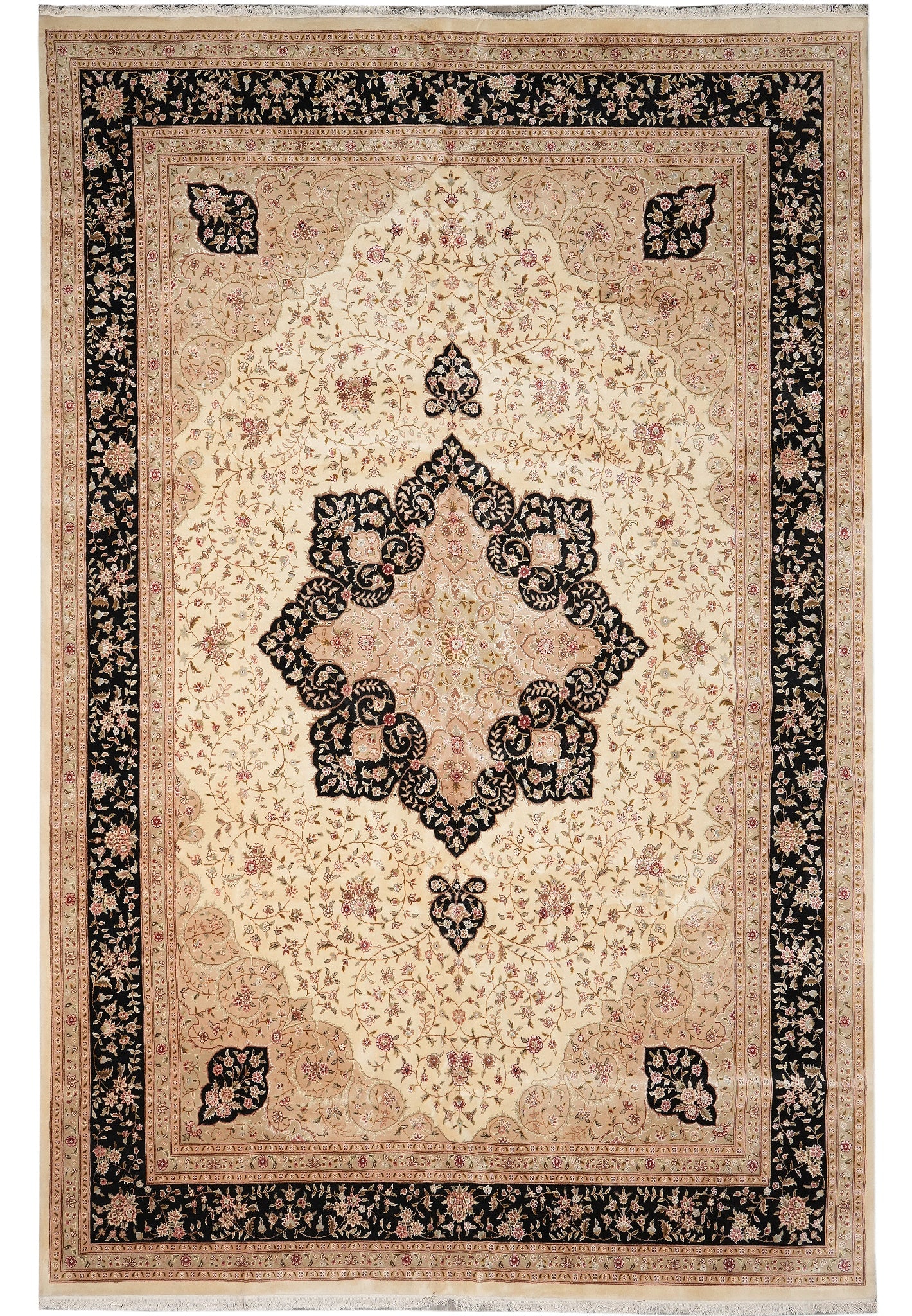 10 x 14.7 Hand-Knotted Wool Silk Rug Ivory Black Luxurious Design: 10 x 14.7 Hand-Knotted Wool Silk Rug Ivory Black Luxurious Design Free continental US Shipping This hand-knotted rug is expertly crafted from a blend of premium wool and silk, offering a soft, dense p