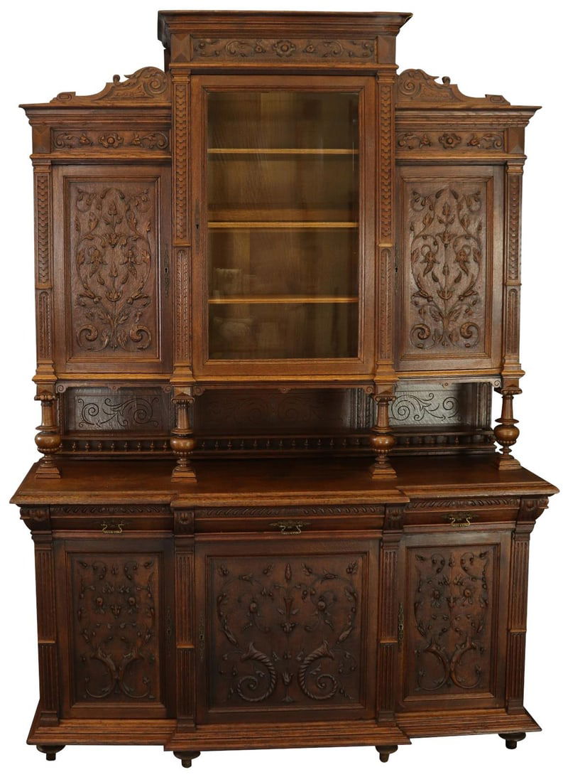 Antique 1900 French Oak Buffet with Glass Showcase Renaissance Style (1 of 18)