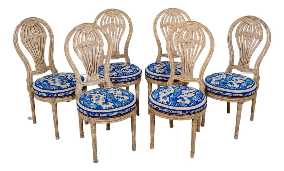 Set of 6 Vintage Louis XVI Balloon Back Chairs with Needlepoint Seats: Set of 6 Vintage Louis XVI Balloon Back Chairs with Needlepoint Seats This exquisite set of six vintage Louis XVI style balloon back side chairs boasts a stunning distressed finish, showcasing fine ca