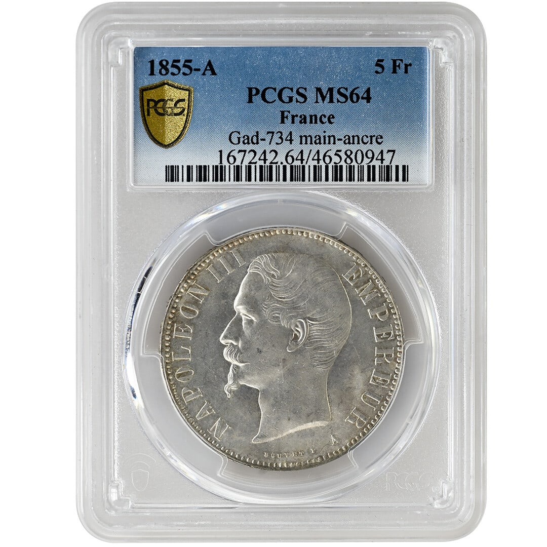 1855-A 5 Franc Napoleon III Tete Nue PCGS MS64 Rare Silver Coin (1 of 4)