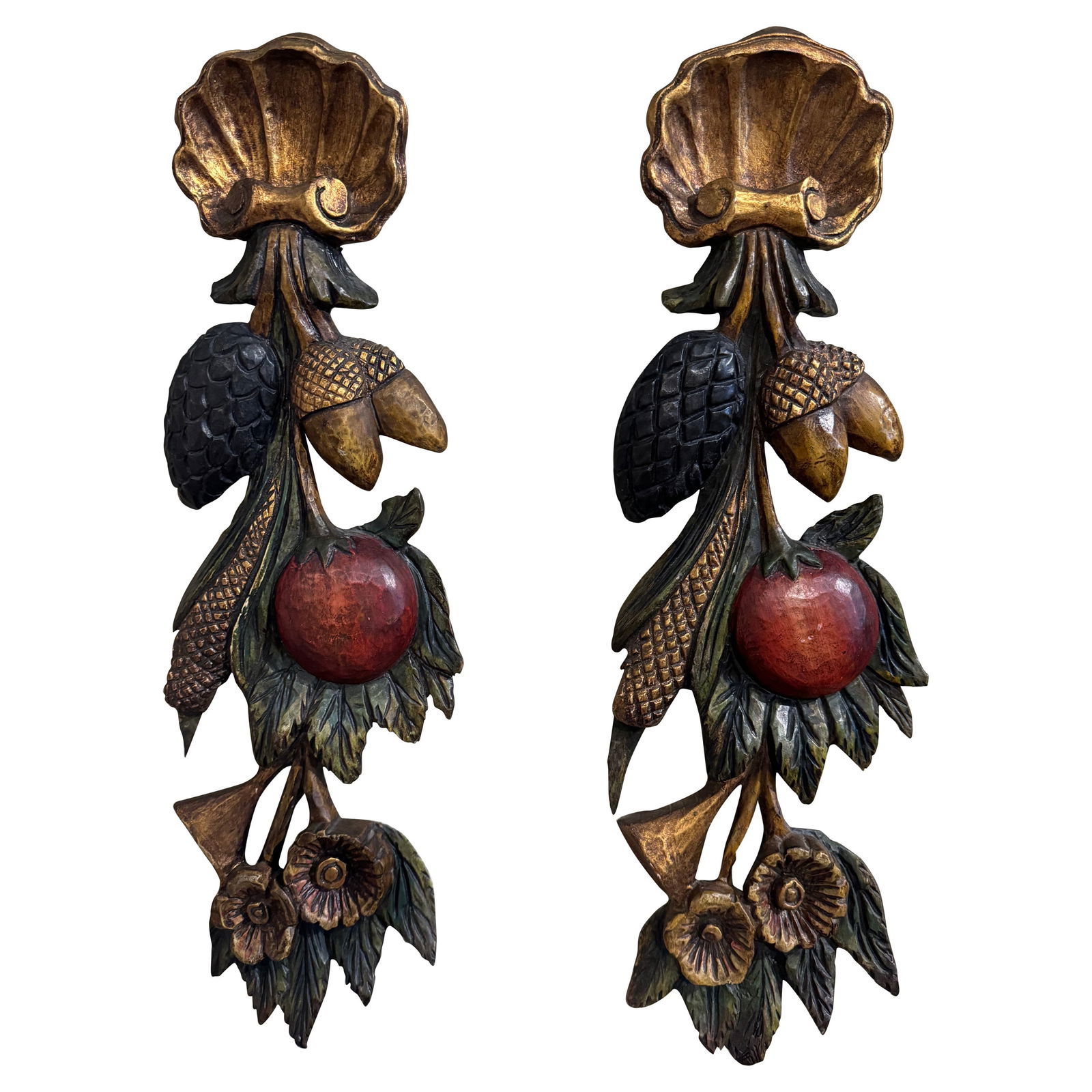 Set of 2 French Giltwood Polychrome Wall Art Sculptures Circa 1950 (1 of 6)