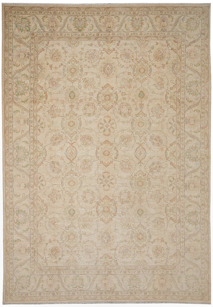 Chobi Peshawar 10 x 14.5 Hand-Knotted Wool Rug Beige Sage Green Pakistan (1 of 11)