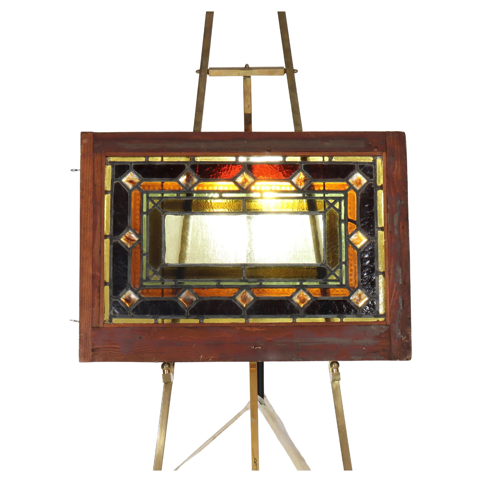 Stained Glass Window with Jewel Accents from Arts and Crafts Era circa 1920: Stained Glass Window with Jewel Accents from Arts and Crafts Era circa 1920 This Arts & Crafts stained leaded glass window features vibrant chunk jewel glass and dates to circa 1920. The window showca