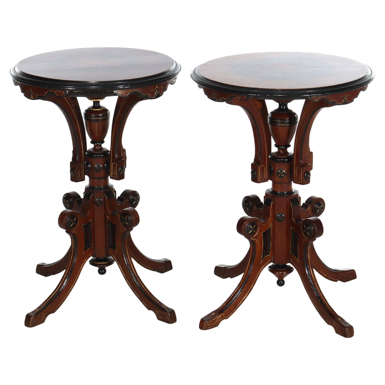 Set of 2 Renaissance Revival Ebonized Walnut and Burl Inlaid Stands c1890 (1 of 14)