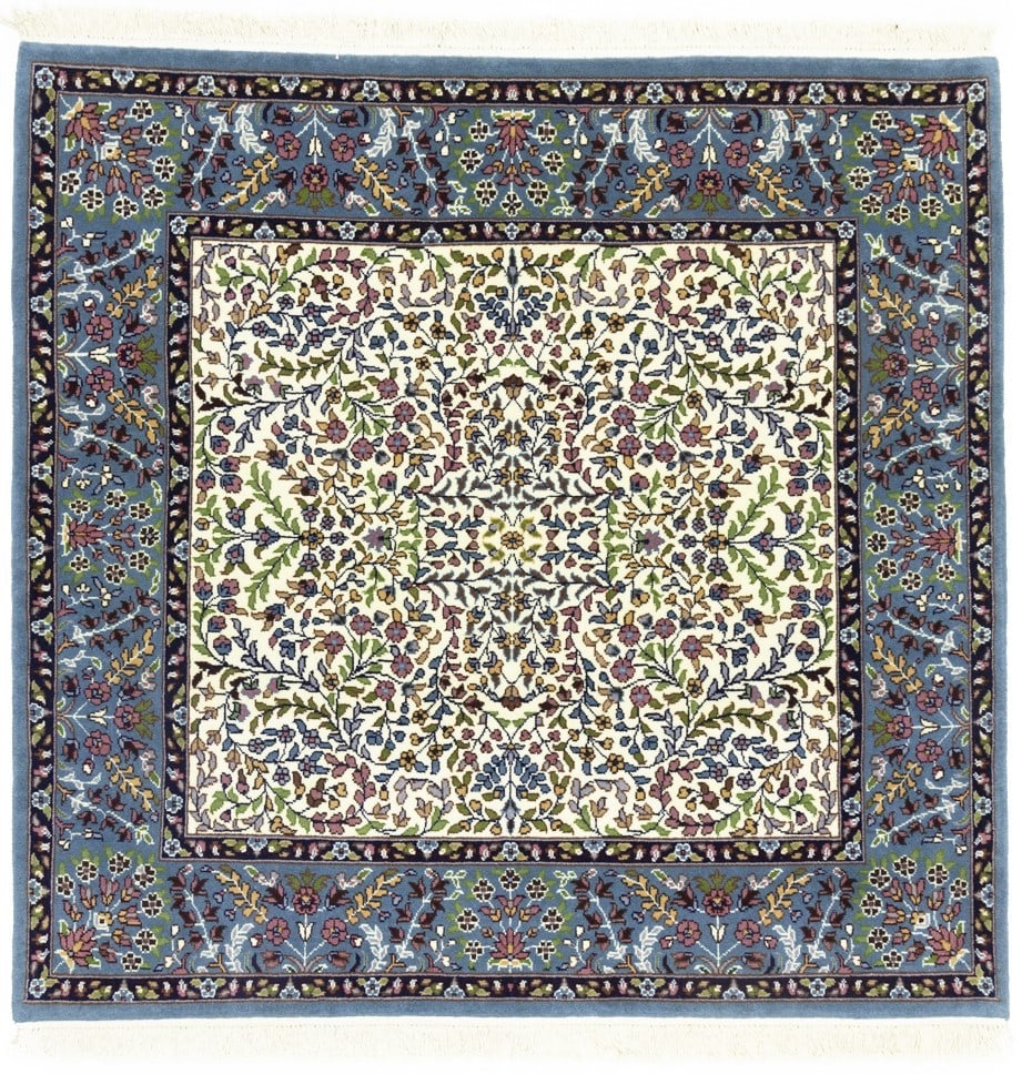 Hand-Knotted Wool Floral Kirman Area Rug Square 4'9 x 4'11 Cream Multicolor: Hand-Knotted Wool Floral Kirman Area Rug Square 4'9 x 4'11 Cream Multicolor This vintage style Kirman square rug features a cream background with floral oriental motifs in blue, pink, maroon, green, b