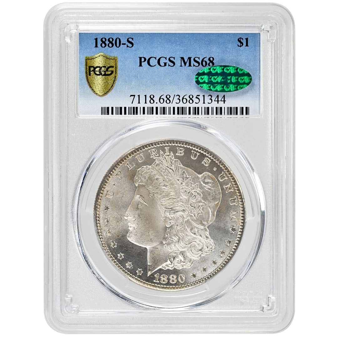 PCGS MS68 CAC Certified 1880-S Morgan Silver Dollar from San Francisco Mint: PCGS MS68 CAC Certified 1880-S Morgan Silver Dollar from San Francisco Mint This is an 1880-S Morgan Dollar, a silver $1 coin minted in San Francisco. The coin is certified by PCGS and CAC, holding a
