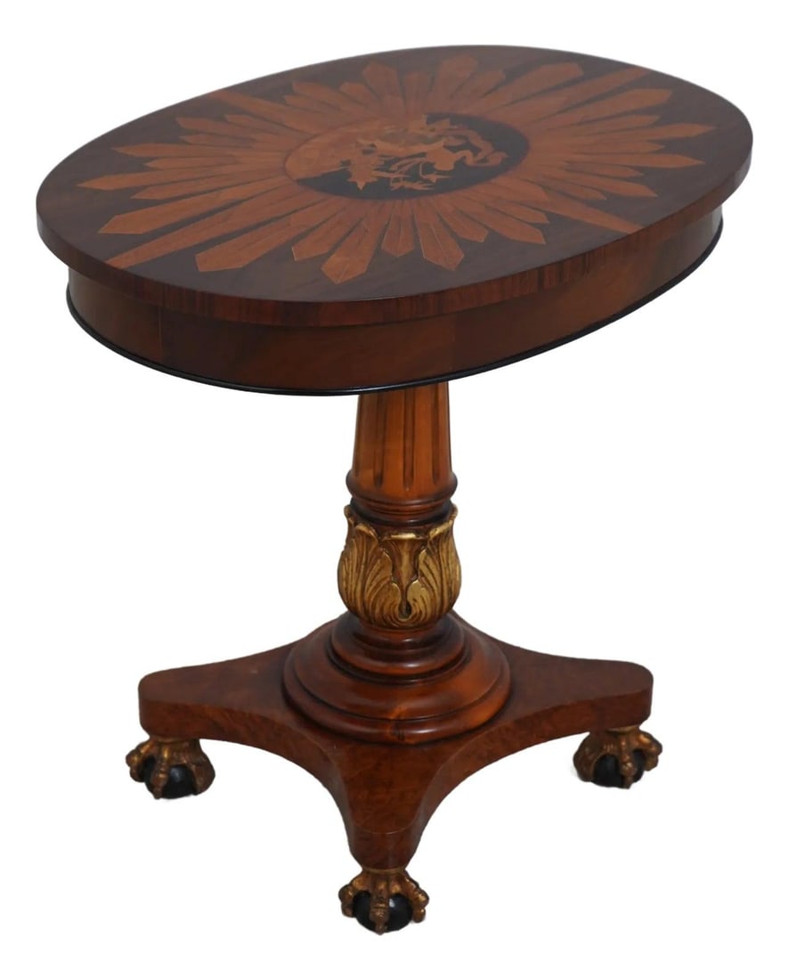 Elegant Italian Classical Inlaid Oval Lamp Table with Ball and Claw Feet: Elegant Italian Classical Inlaid Oval Lamp Table with Ball and Claw Feet This elegant Italian Classical Inlaid Oval Top Lamp Occasional Table features exquisite ball and claw feet, complemented by a s