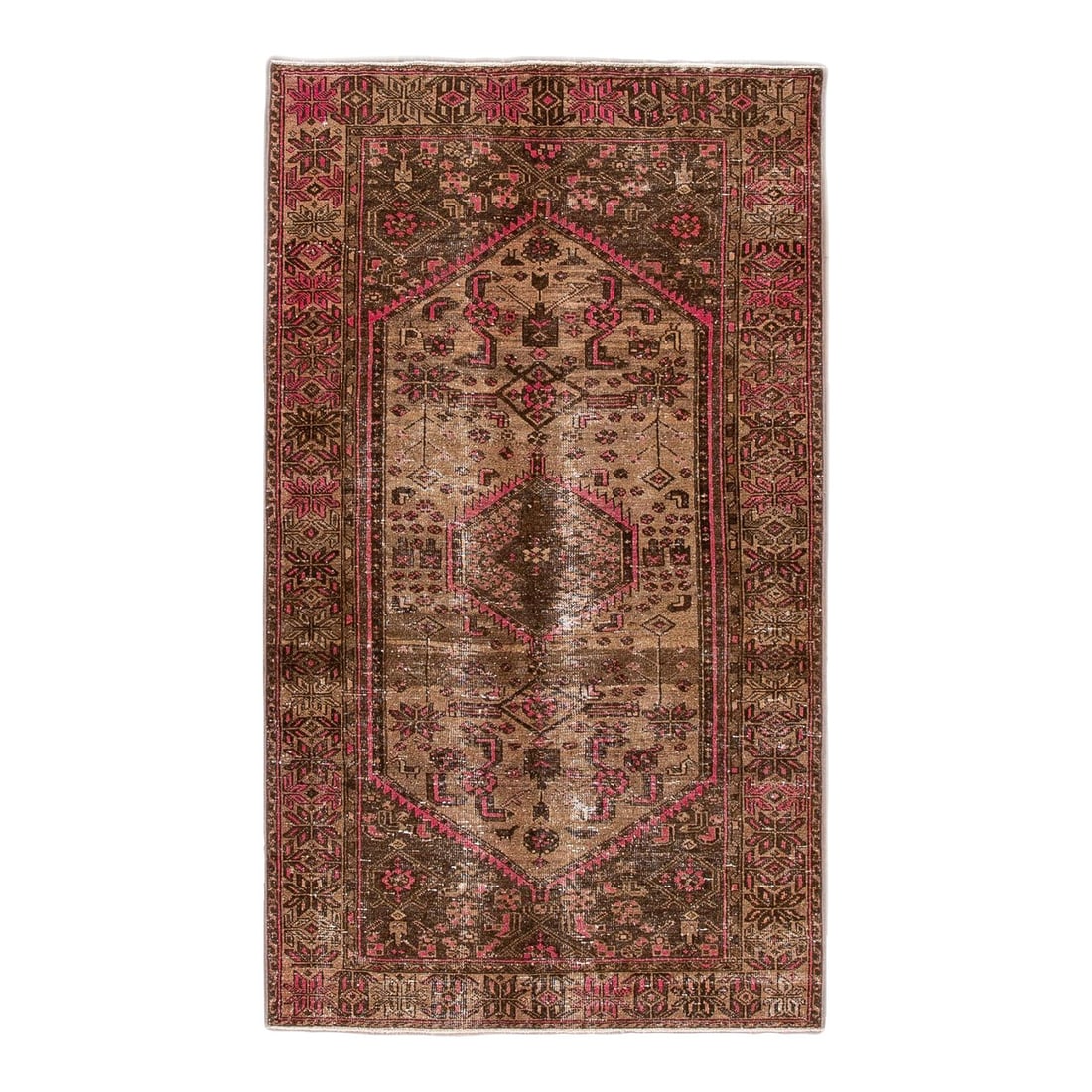 Vintage Distressed Brown Geometric Wool Rug 4'3 x 7'5: Vintage Distressed Brown Geometric Wool Rug 4'3 x 7'5 Enhance your space with this stunning Vintage Distressed Handmade Wool Rug. Featuring a rich brown field complemented by pink and beige accents, t