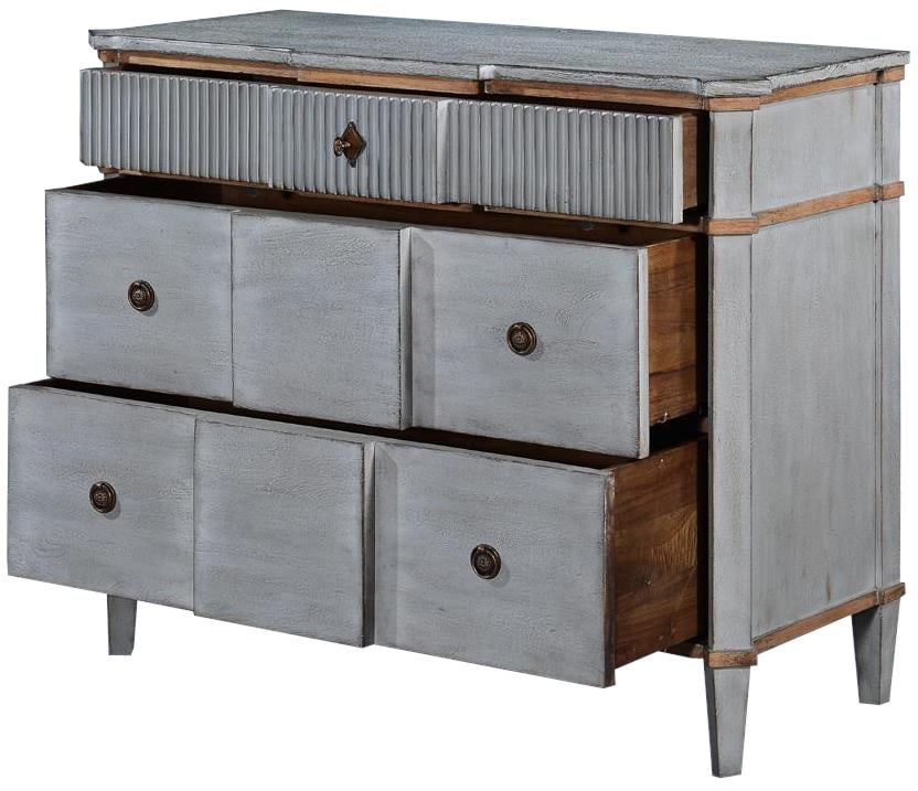 St. Denis French Country Style Pewter Console Chest with Gold Accents: St. Denis French Country Style Pewter Console Chest with Gold Accents Introducing the St. Denis Pewter Console Chest of Drawers, a beautifully crafted piece that combines modern functionality with vin
