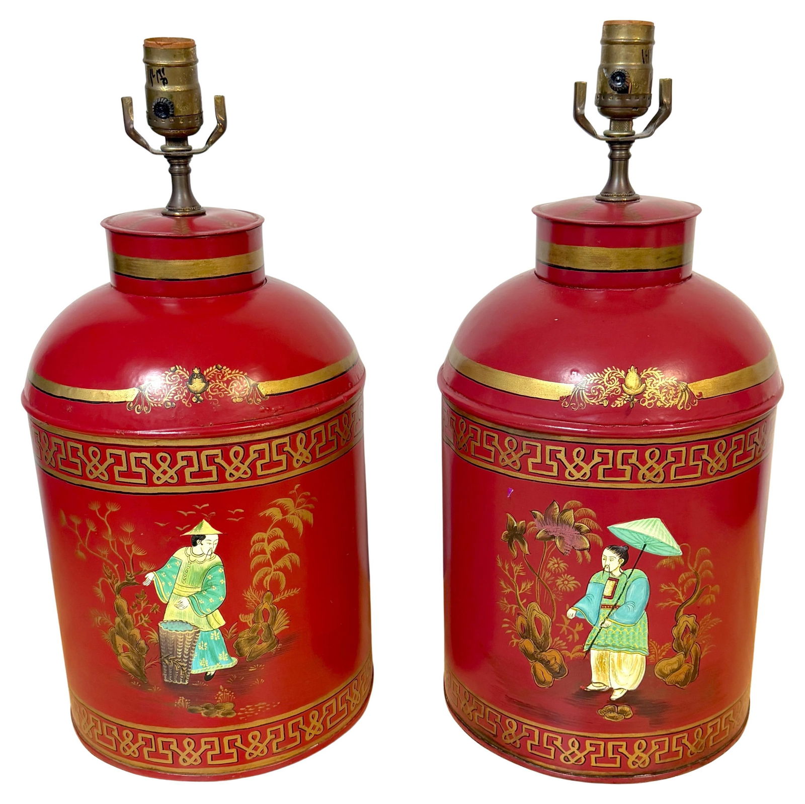 Set of 2 Chinoiserie Red and Gilt Tole Tea Caddy Form Lamps (1 of 14)