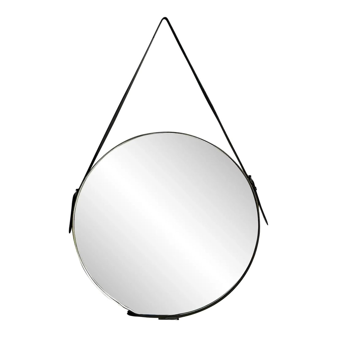 Round Brass Mirror with Black Leather Hanging Strap and Minimalist Design: Round Brass Mirror with Black Leather Hanging Strap and Minimalist Design This vintage Jaime Young mirror features a circular reflective glass encased in a sleek metal frame with a warm brass finish.