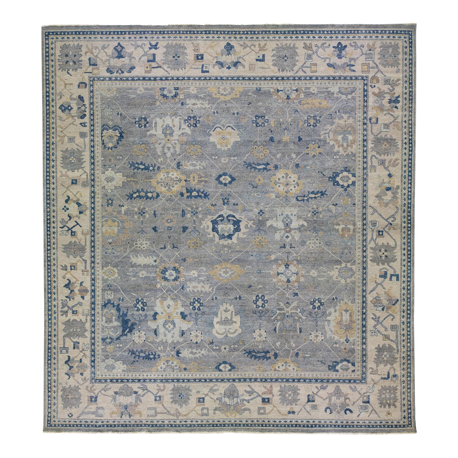 Modern Indian Gray Wool Rug Floral Motif 14'11 x 16'3: Modern Indian Gray Wool Rug Floral Motif 14'11 x 16'3 Transform your space with this Modern Indian Gray Handmade Wool Rug, featuring a stunning all-over floral motif. The rug is part of the Artisan li