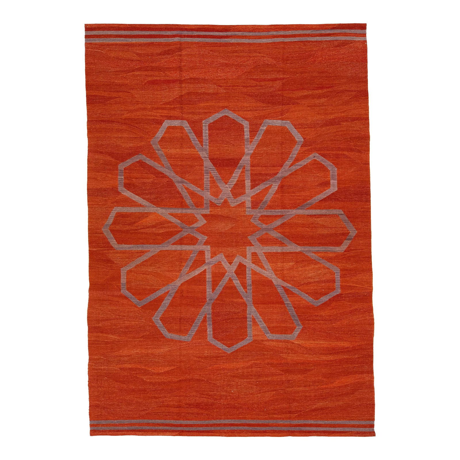 Modern Kilim Handmade Wool Rug Rust Geometric Design 6'9 x 9'10: Modern Kilim Handmade Wool Rug Rust Geometric Design 6'9 x 9'10 Enhance your space with this stunning Modern Kilim handmade wool rug featuring a vibrant rust color field. The rug showcases a captivati