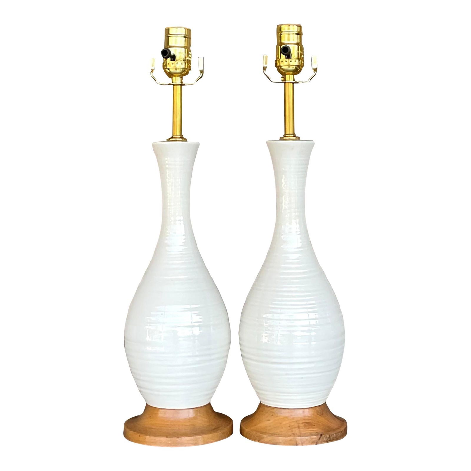 Vintage MCM Wheel Turned Ceramic Lamps Pair Off-White (1 of 6)