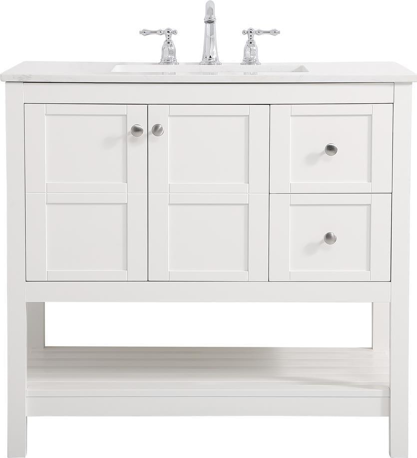 Elegant Lighting Transitional White Vanity with Stone Top: Elegant Lighting Transitional White Vanity with Stone Top Elevate your bathroom with this elegant white vanity featuring a stunning stone top. Designed in a transitional style, this piece combines vin