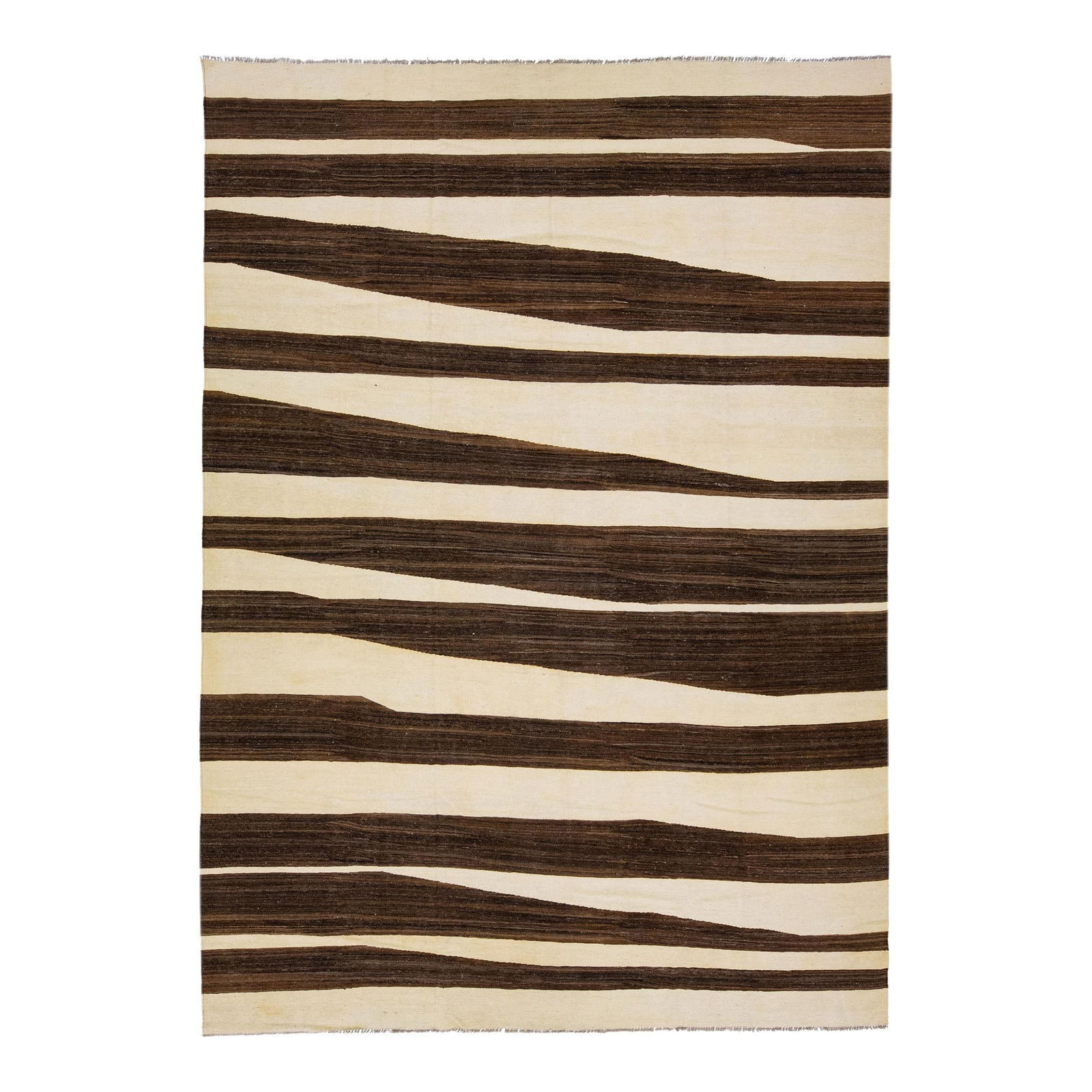 Contemporary Beige Brown Kilim Turkish Wool Rug 10' x 14' Abstract Design: Contemporary Beige Brown Kilim Turkish Wool Rug 10' x 14' Abstract Design This exquisite Kilim rug showcases a modern aesthetic with a dominant beige field enhanced by striking abstract geometric patt