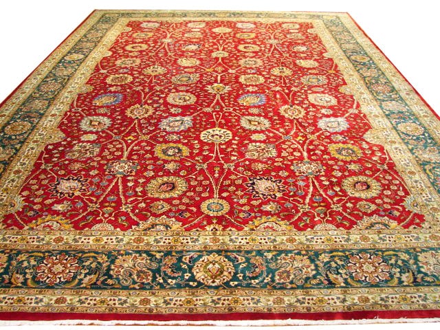 11.10 x 17.3 Red Hand-Knotted Tabriz Area Rug from Iran (1 of 6)