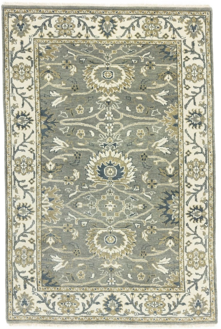 Hand-Knotted Wool Area Rug Modern Floral Pattern 4'0 x 6'0 Rectangle: Hand-Knotted Wool Area Rug Modern Floral Pattern 4'0 x 6'0 Rectangle This hand-knotted Osh Chobi Peshawar area rug features a modern floral design in taupe, brownish gray, cream, gray, and brown tones