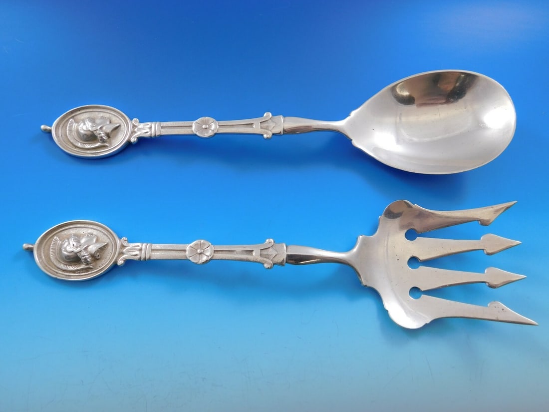 Wendt Medallion Sterling Silver Salad Serving Set 2-Piece 4-Tine Fork 10 Inch (1 of 6)