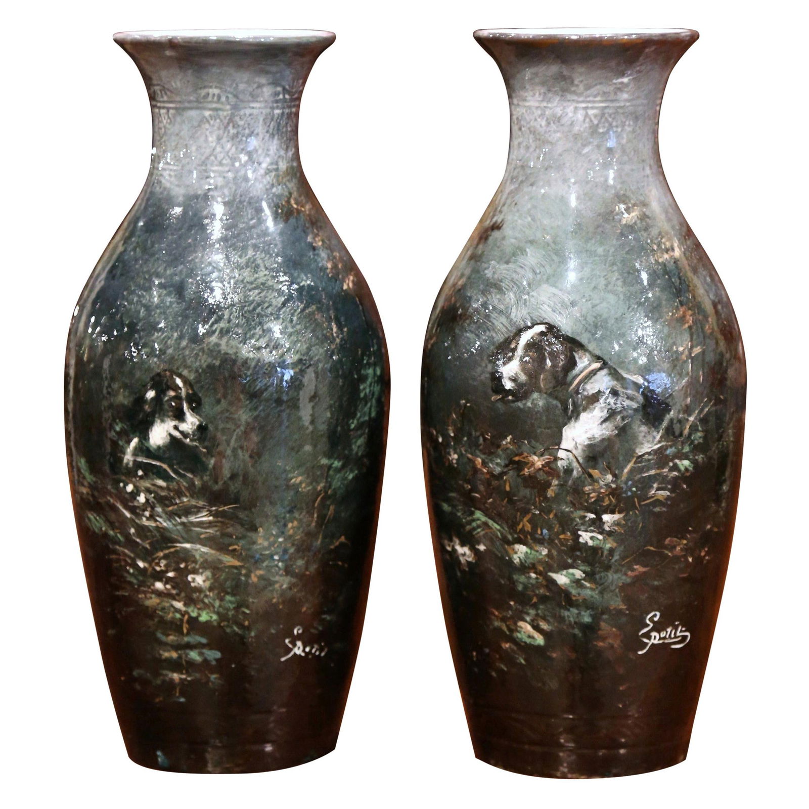 Antique 19th Century French Majolica Vases Set of 2 with Dog Motifs Signed Petit: Antique 19th Century French Majolica Vases Set of 2 with Dog Motifs Signed Petit This exquisite pair of late 19th-century French ceramic vases features intricate hand-painted designs showcasing charmi
